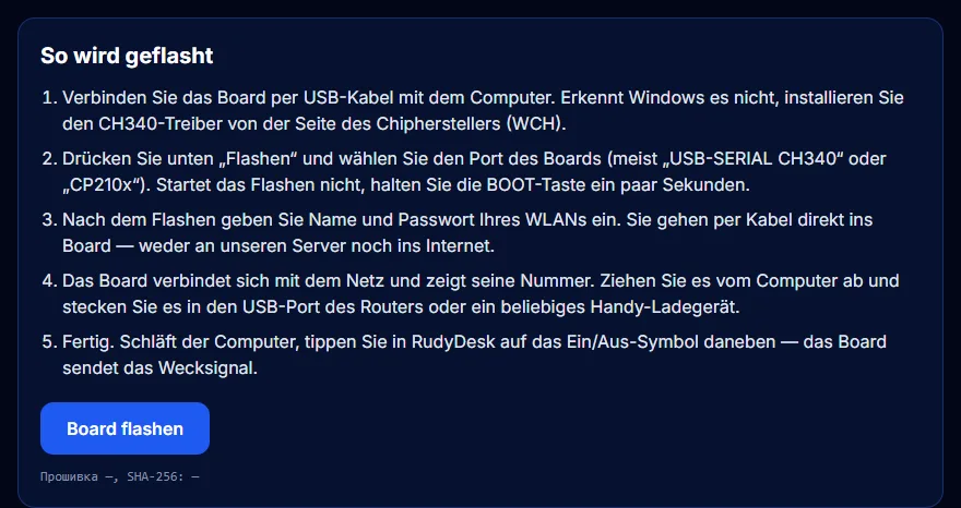 Die ESP32-Flash-Seite auf rudydesk.com/bridge