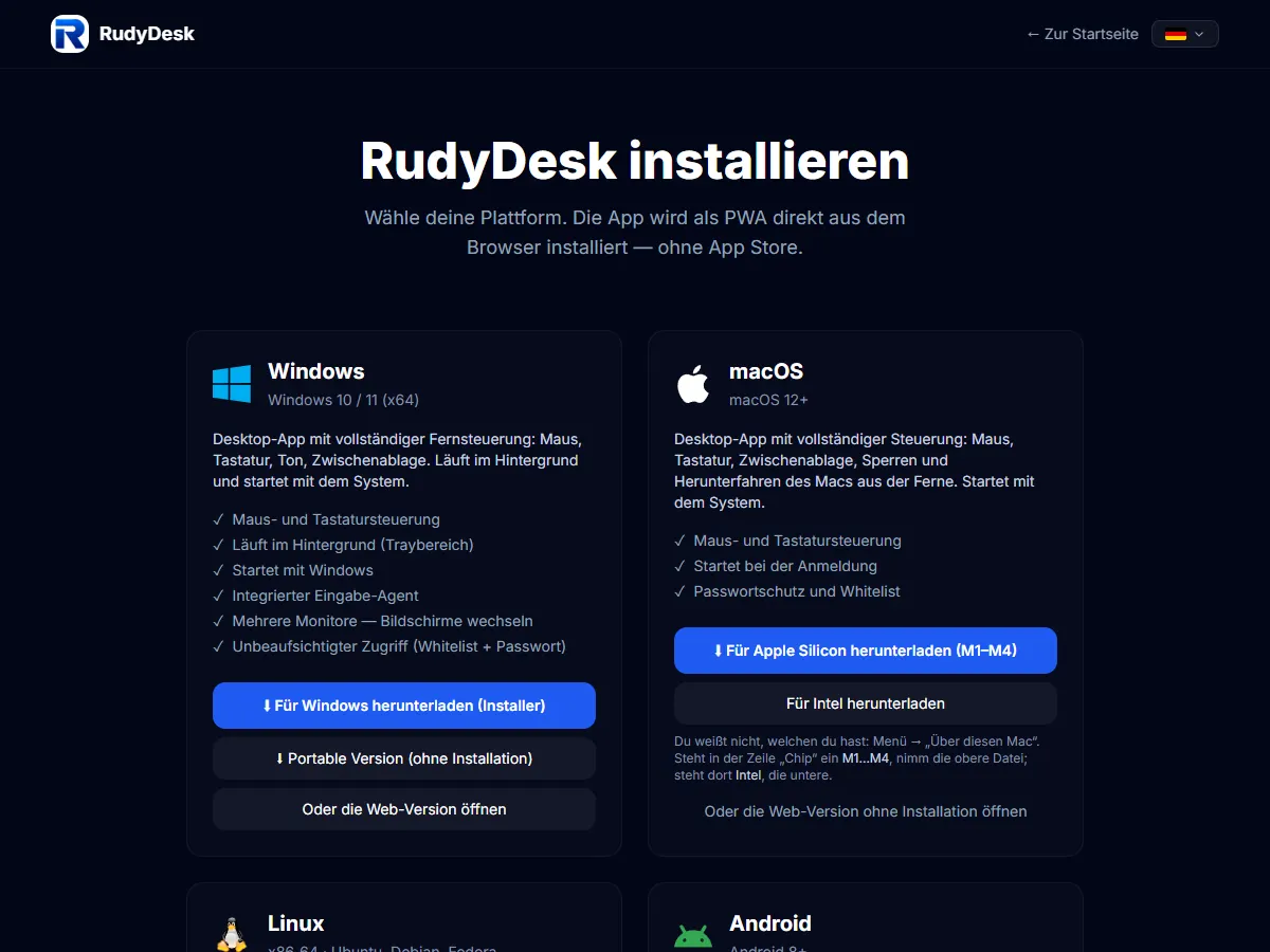 Die Download-Seite von RudyDesk