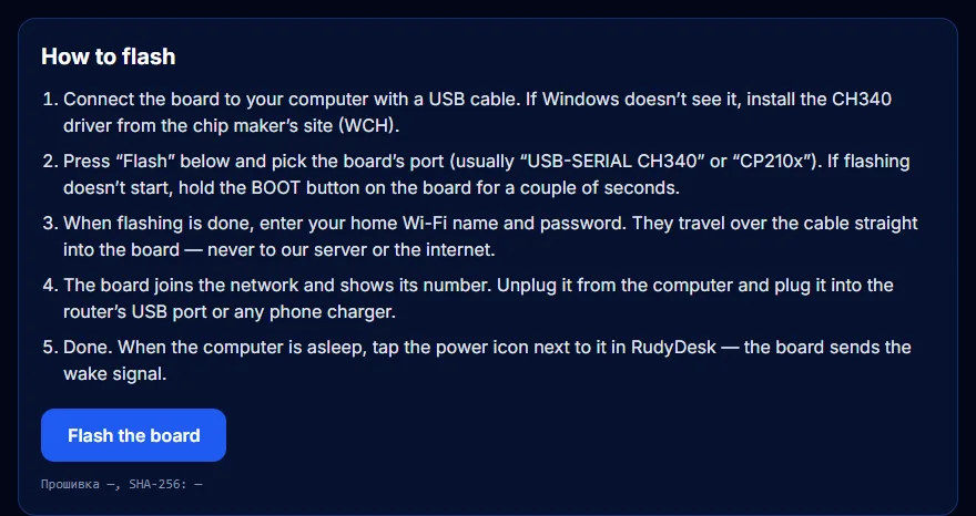 The ESP32 flashing page at rudydesk.com/bridge