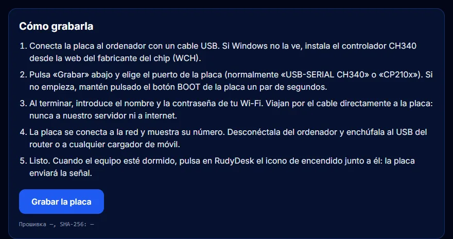 La página de grabación de la placa ESP32 en rudydesk.com/bridge