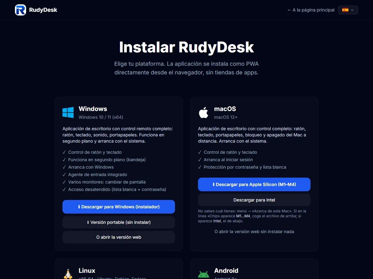 La página de descarga de RudyDesk