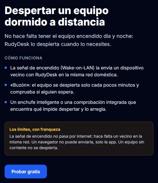 Despertar el equipo con RudyDesk: cómo funciona