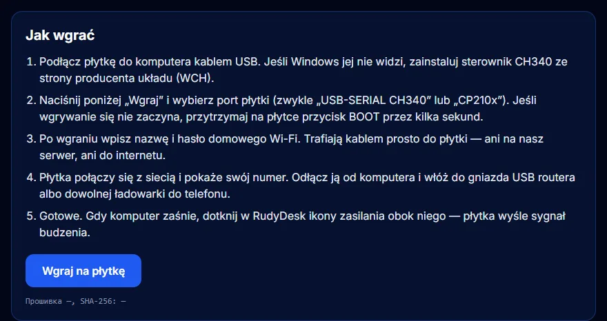 Strona wgrywania płytki ESP32 na rudydesk.com/bridge